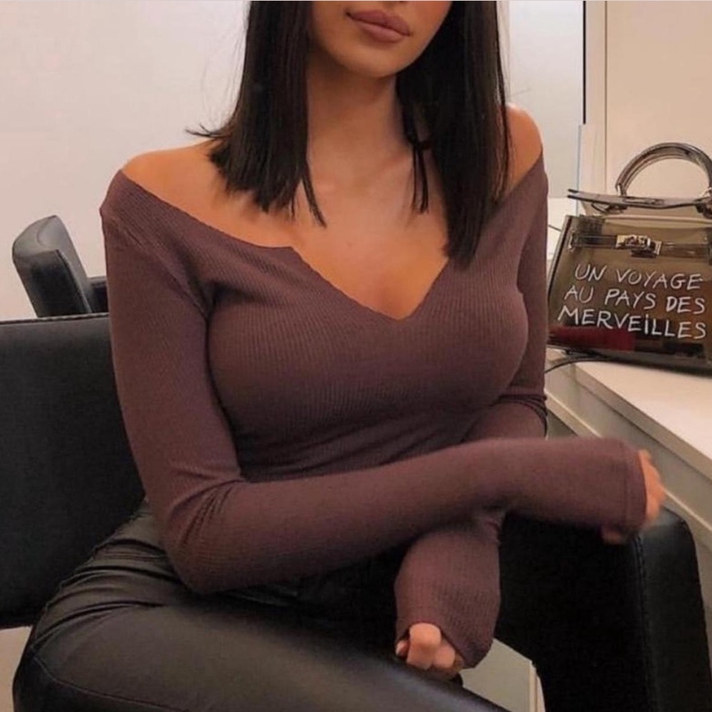 Meshki Ribbed Knit Top in Deep Brown